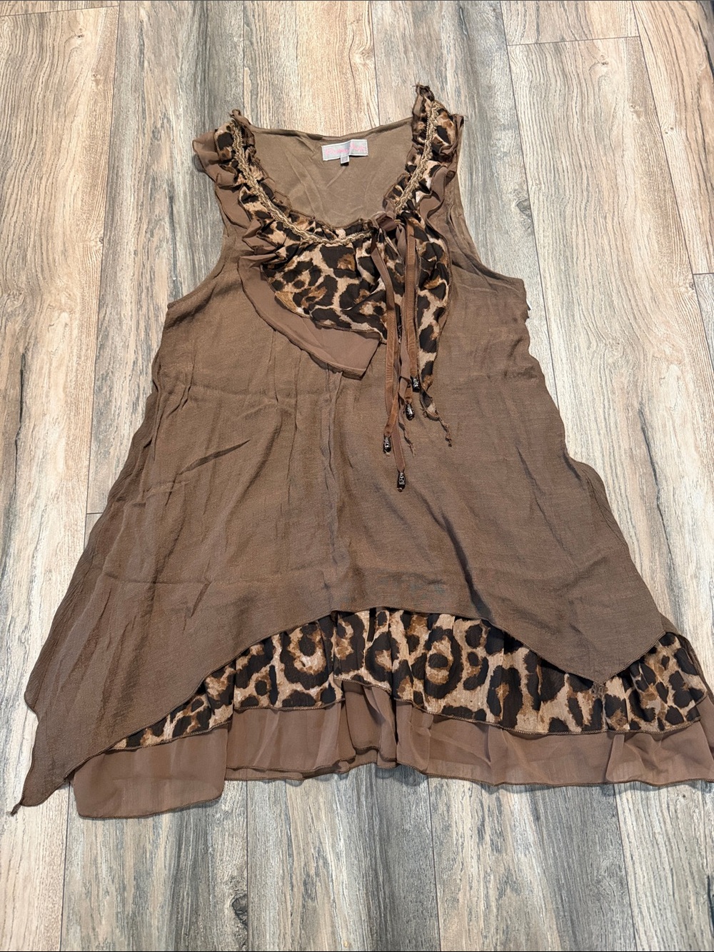 Pretty Angel Brown Layered Leopard-Trim Mini Dress